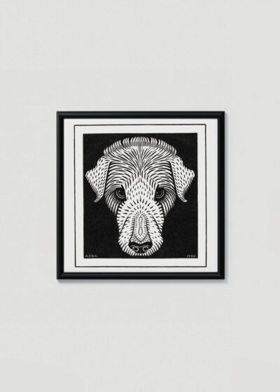 Plakat w drewnianej czarnej ramce: pies drzeworyt Julie de Graag 1920 czarno-biały