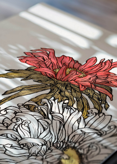 Zbliżenie na detale plakatu: chryzantemy Julie de Graag botaniczny Art Nouveau