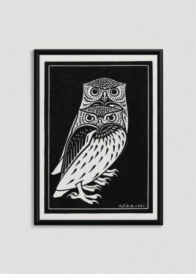 Plakat w drewnianej czarnej ramce: czarno-biały dwie sowy Julie de Graag 1921 vintage
