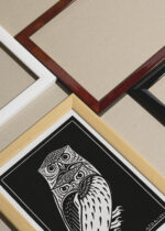 Widok z góry na cztery drewniane ramki, w jednej z nich oprawiony plakat czarno-biały dwie sowy Julie de Graag 1921 vintage