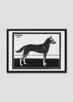 Plakat w drewnianej czarnej ramce: pies czarno-biały drzeworyt Julie de Graag 1917