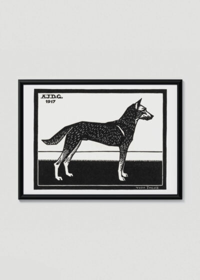 Plakat w drewnianej czarnej ramce: pies czarno-biały drzeworyt Julie de Graag 1917
