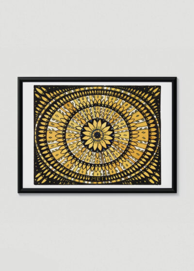 Plakat w drewnianej czarnej ramce: mandala Julie de Graag drzeworyt geometryczny wzór