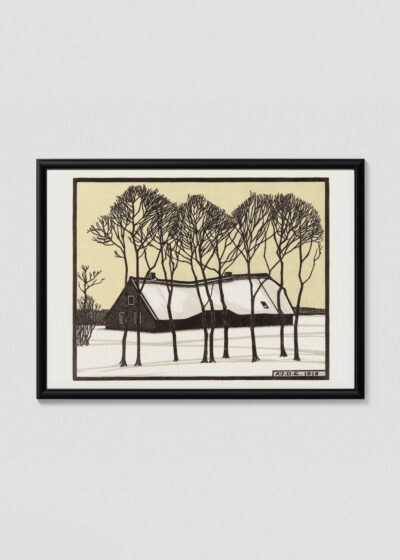 Plakat w drewnianej czarnej ramce: wiejska chata Julie de Graag 1918 drzeworyt