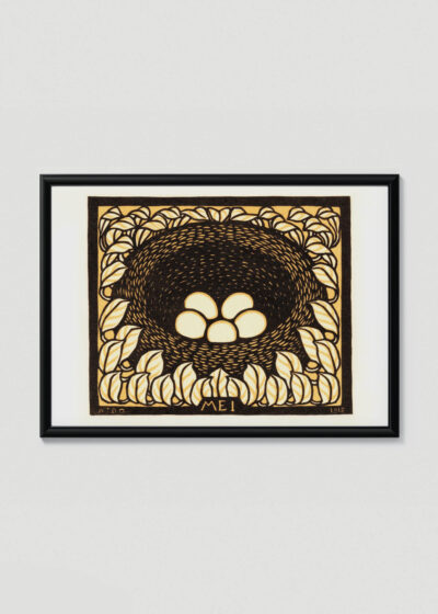 Plakat w drewnianej czarnej ramce: ptasie gniazdo Julie de Graag drzeworyt vintage