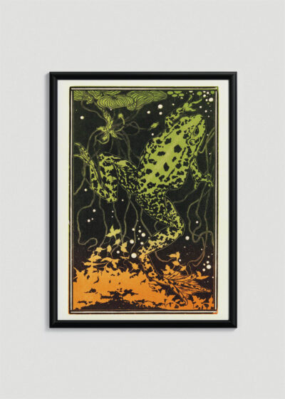 Plakat w drewnianej czarnej ramce: płynąca żaba Julie de Graag secesja art nouveau