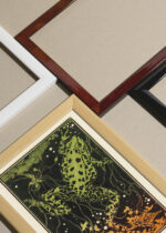 Widok z góry na cztery drewniane ramki, w jednej z nich oprawiony plakat płynąca żaba Julie de Graag secesja art nouveau