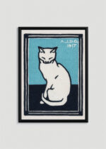 Plakat w drewnianej czarnej ramce: kot Julie de Graag 1917 turkusowy minimalistyczny