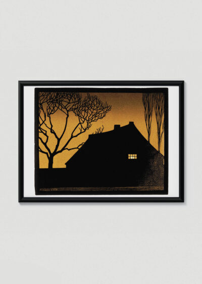 Plakat w drewnianej czarnej ramce: Julie de Graag holenderska chata drzeworyt vintage