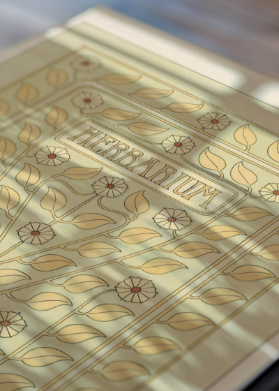 Zbliżenie na detale plakatu: Herbarium Julie de Graag botaniczny wzór vintage