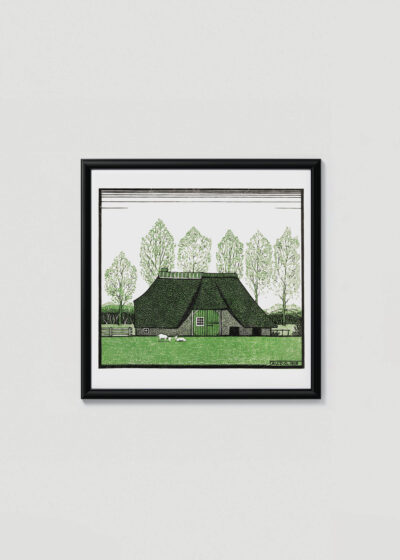 Plakat w drewnianej czarnej ramce: holenderska wieś Julie de Graag chałupa ze strzechy