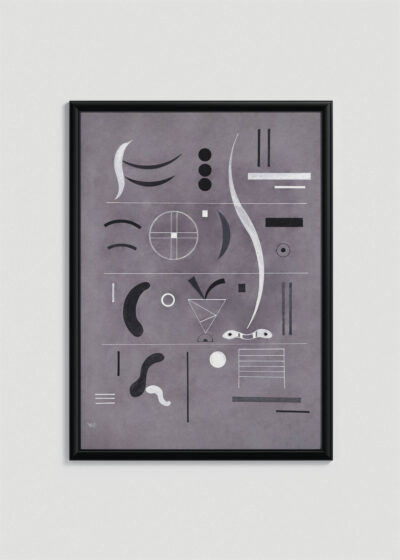 Plakat w drewnianej czarnej ramce: Kandinsky Cztery Części abstrakcja geometryczna szara