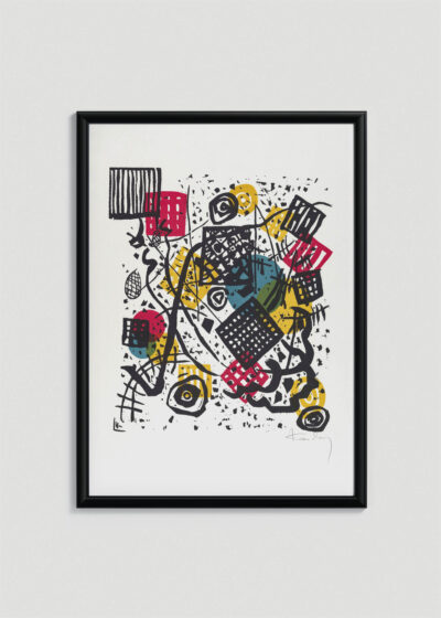 Plakat w drewnianej czarnej ramce: Kandinsky Małe Światy V (Kleine Welten V) abstrakcja geometryczna