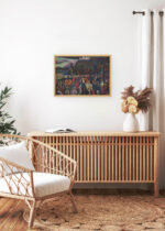 Aranżacja wnętrza, na ścianie wisi plakat w ramce: Kandinsky Kolorowe życie (Das Bunte Leben) folklor