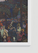 Zbliżenie na detale plakatu oprawionego w drewnianą białą ramkę od Plakatello®: Kandinsky Kolorowe życie (Das Bunte Leben) folklor