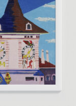 Zbliżenie na detale plakatu oprawionego w drewnianą białą ramkę od Plakatello®: Kirchner Berno z dzwonnicą ekspresjonizm niemiecki Die Brücke