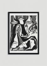 Plakat w drewnianej czarnej ramce: Kirchner 1929 Wielka krowa odpoczywa czarno-biały ekspresjonizm