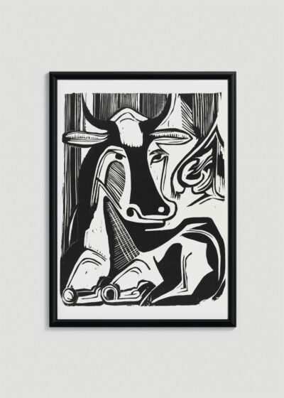 Plakat w drewnianej czarnej ramce: Kirchner 1929 Wielka krowa odpoczywa czarno-biały ekspresjonizm