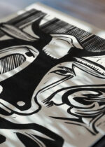 Zbliżenie na detale plakatu: Kirchner 1929 Wielka krowa odpoczywa czarno-biały ekspresjonizm