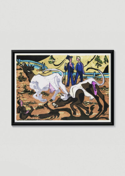 Plakat w drewnianej czarnej ramce: Krowy wiosną 1933 Ernst Ludwig Kirchner ekspresjonizm