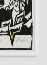 Zbliżenie na detale plakatu oprawionego w drewnianą białą ramkę od Plakatello®: Tancerki w Pałacu Lodowym 1912 Ernst Ludwig Kirchner