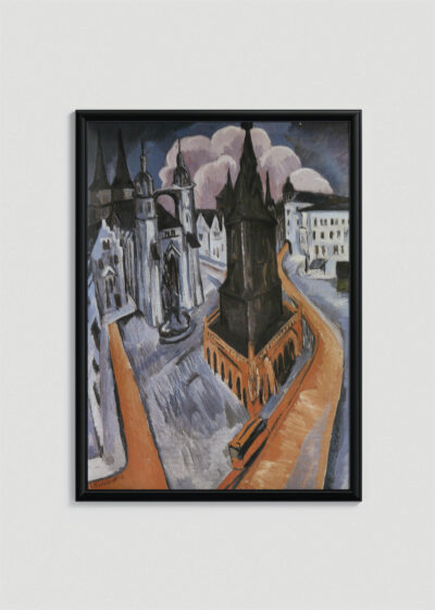 Plakat w drewnianej czarnej ramce: Roter Turm w Halle 1915 Ernst Ludwig Kirchner