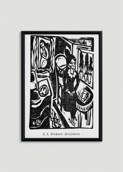 Plakat w drewnianej czarnej ramce: czarno-biały Kanoniczka przy stole do szycia 1912 Kirchner