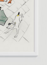 Zbliżenie na detale plakatu oprawionego w drewnianą białą ramkę od Plakatello®: Toulouse-Lautrec vintage kabaretowy Paryż Montmartre byk