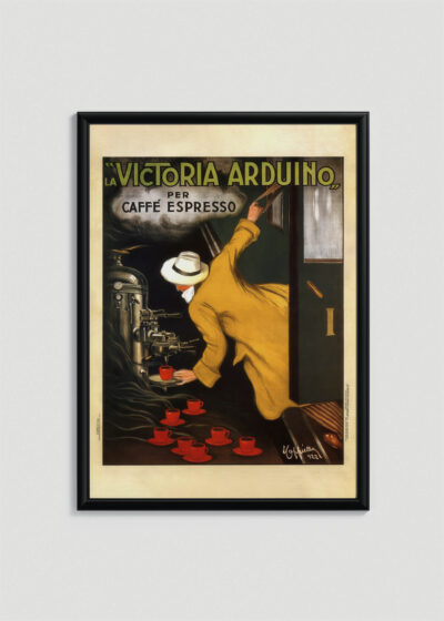 Plakat w drewnianej czarnej ramce: La Victoria Arduino per Caffè Espresso Leonetto Cappiello 1922