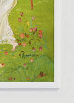 Zbliżenie na detale plakatu oprawionego w drewnianą białą ramkę od Plakatello®: Pilules Pink Leonetto Cappiello vintage art nouveau