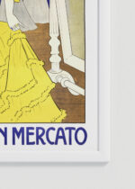 Zbliżenie na detale plakatu oprawionego w drewnianą białą ramkę od Plakatello®: Leonetto Cappiello żółta suknia moda vintage