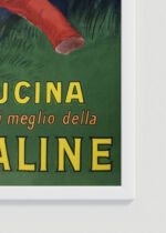Zbliżenie na detale plakatu oprawionego w drewnianą białą ramkę od Plakatello®: Végétaline kucharz na słoniu Leonetto Cappiello