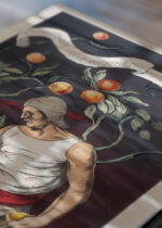 Zbliżenie na detale plakatu: Leonetto Cappiello mężczyzna z pomarańczami vintage