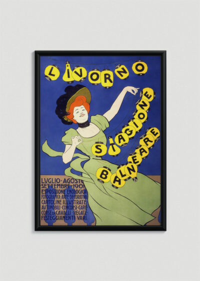 Plakat w drewnianej czarnej ramce: Leonetto Cappiello 1901 festiwal Livorno Włochy