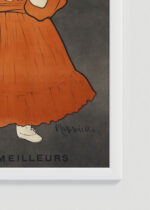 Zbliżenie na detale plakatu oprawionego w drewnianą białą ramkę od Plakatello®: Dziewczynka z papugą Leonetto Cappiello vintage