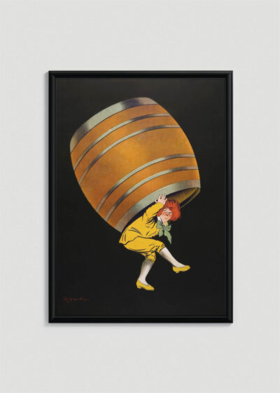 Plakat w drewnianej czarnej ramce: Leonetto Cappiello kobieta z beczką reklama vintage