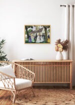 Aranżacja wnętrza, na ścianie wisi plakat w ramce: Maurice Denis Pierwsza Komunia Św. Lopoldine Fourqueux 1933