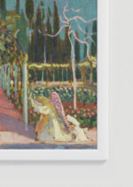 Zbliżenie na detale plakatu oprawionego w drewnianą białą ramkę od Plakatello®: Zwiastowanie Maurice Denis Kobieta i Anioł w ogrodzie