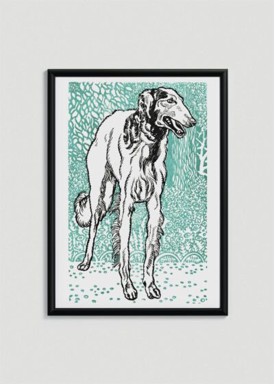 Plakat w drewnianej czarnej ramce: chart pies Moriz Jung austriacka secesja turkus