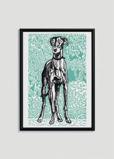 Plakat w drewnianej czarnej ramce: Chart Moriz Jung turkusowe tło secesja