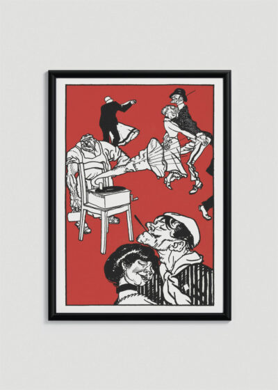 Plakat w drewnianej czarnej ramce: Moriz Jung impreza przy patefonie secesja groteska