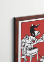 Plakat oprawiony w drewnianą brązową ramkę Vintage Italia: Moriz Jung impreza przy patefonie secesja groteska