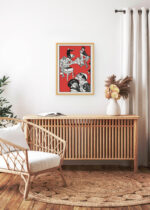 Aranżacja wnętrza, na ścianie wisi plakat w ramce: Moriz Jung impreza przy patefonie secesja groteska