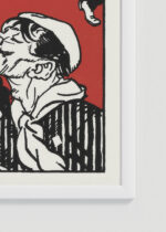 Zbliżenie na detale plakatu oprawionego w drewnianą białą ramkę od Plakatello®: Moriz Jung impreza przy patefonie secesja groteska