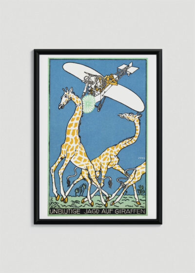 Plakat w drewnianej czarnej ramce: Moriz Jung polowanie na żyrafy samolotem surrealizm secesja