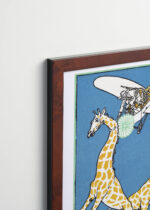 Plakat oprawiony w drewnianą brązową ramkę Vintage Italia: Moriz Jung polowanie na żyrafy samolotem surrealizm secesja