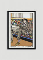 Plakat w drewnianej czarnej ramce: Pisarz szukający weny Wiener Café Der Litterat Moriz Jung