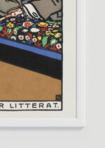 Zbliżenie na detale plakatu oprawionego w drewnianą białą ramkę od Plakatello®: Pisarz szukający weny Wiener Café Der Litterat Moriz Jung