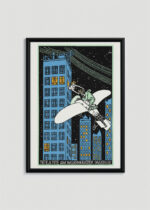 Plakat w drewnianej czarnej ramce: Moriz Jung randka na wieżowcu z samolotem vintage