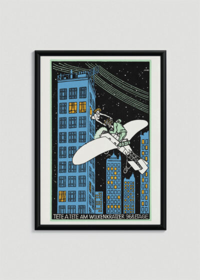 Plakat w drewnianej czarnej ramce: Moriz Jung randka na wieżowcu z samolotem vintage